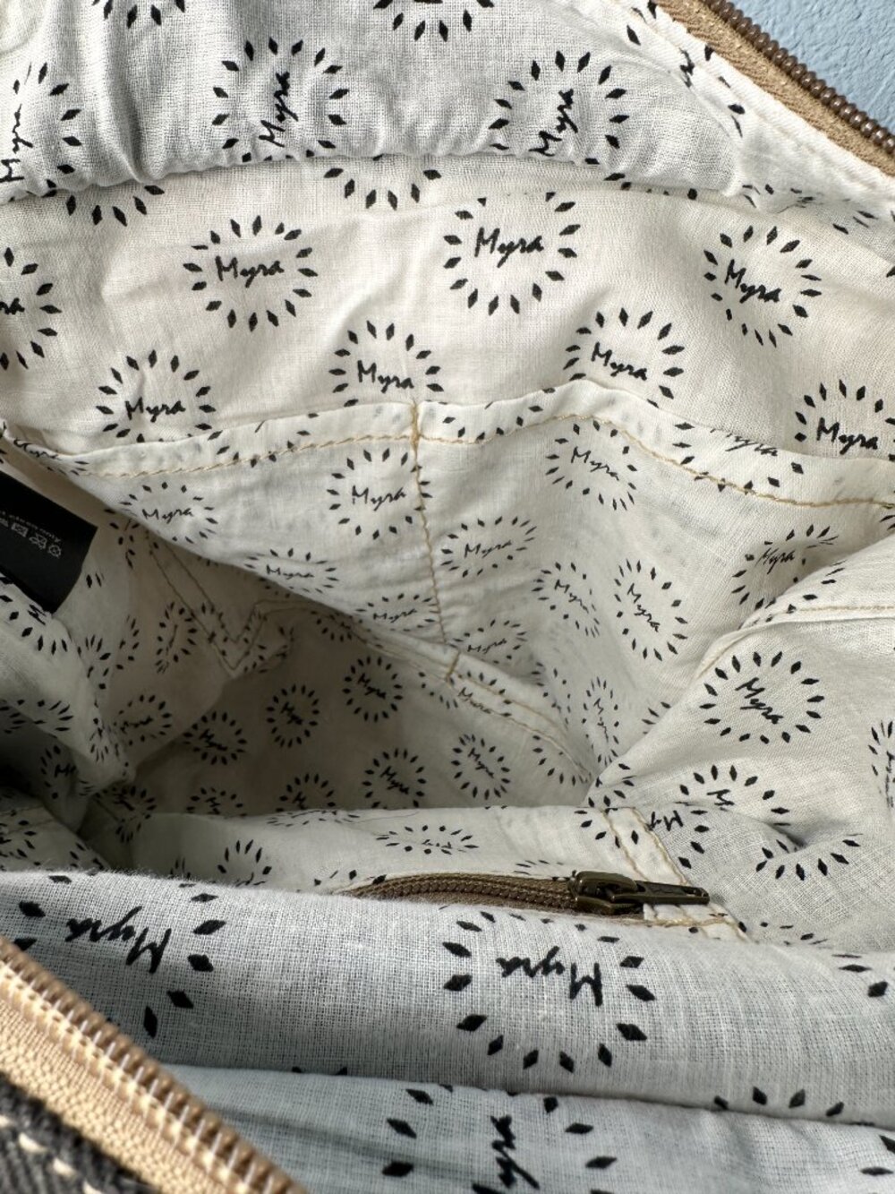 Myra Bag Tooled Leather Canvas Backpack Brown White Gray Embossed Floral - Picture 9 of 11